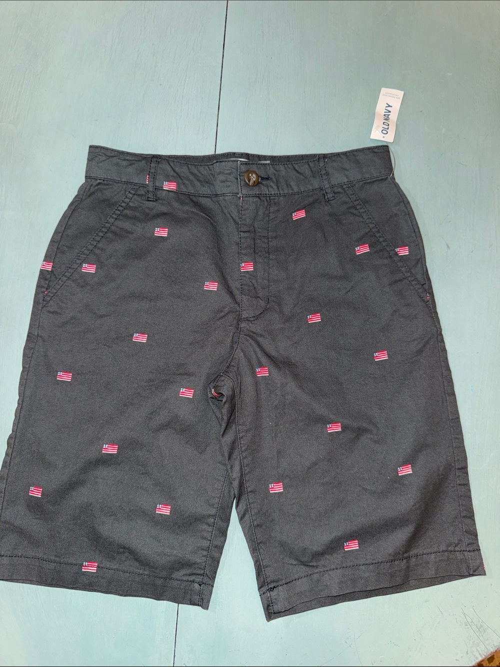 Old Navy Black Boys' Shorts with Red & White Flag Embroidery